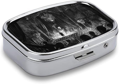 Metal 2 Compartment Pill Organizer Travel Friendly Portable Compact Pill Box Cute Pill Case,for Pocket Wallets Daily Portable Medicine Vitamin Tablet Storage (A Dark Stage)