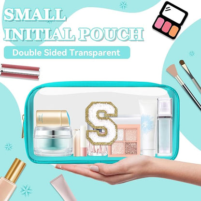Small Clear Personalized Initial Makeup Bag,Nylon Preppy A-Z Chenille Letter Patch Cosmetic Pouch Beach Toiletry Bag,Waterproof Zipper Travel Purse Storage Bag Organizer for Women Girls(Cyan-White S)