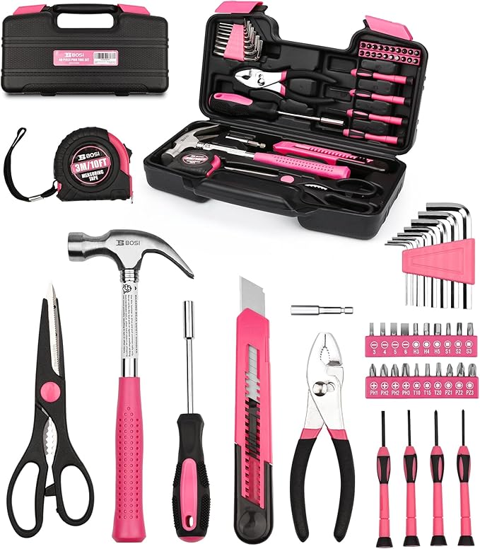 40-Piece Pink Tool Set - General Household 40 PCS Hand Tool Kit with Plastic Toolbox Storage Case (Pink)