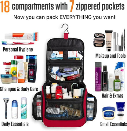 VENTURE 4TH Hanging Travel Toiletry Bag for Women & Men – Large Toiletry Organizer with 18 Compartments, Removable TSA Pouch, Travel Wash Bag for Toiletries, Makeup & Shaving Kit (Red)