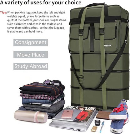 130L Expandable Luggage, 40 Inch Suitcase with Wheels, Collapsible Luggage with Wheels, Rolling Duffle Bag with wheels, Foldable Suitcasewith2Handle Wrap 2Fixing Straps 1Shoulder Strap (Green)
