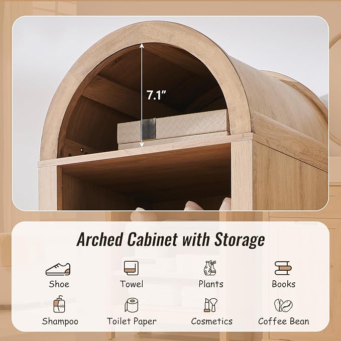 71" Tall Arched Bathroom Storage Cabinet, 8-Tier Modern Farmhouse Storage Cabinet with Adjustable Shelves, Wood Freestanding Cabinet for Bathroom, Living Room, Entryway, Hallway (Natural)