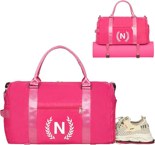 Gym Bag for Women, Personalized Duffle Bag with Shoe Compartment, Sports Bag for Yoga & Dance with Wet Pocket and Mat Strap(HotPink,N)