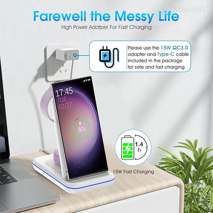 Wireless Charging Station for Samsung/Android, Fast Wireless Watch Charger Station Compatible for Samsung Galaxy S25 Ultra/S24/S23+/Z Flip 7/6 Fold 7/6, Watch8/7/Pro/Active 2 Galaxy Buds3/2 Pro(White)