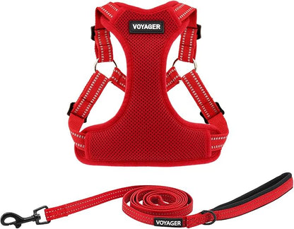 Best Pet Supplies Voyager Mesh Dog Breathable Harness Reflective Stitching, All Weather Adjustable for Walking Training, or Running - Heavy Duty & Durable, Harness Leash Set (Red), L