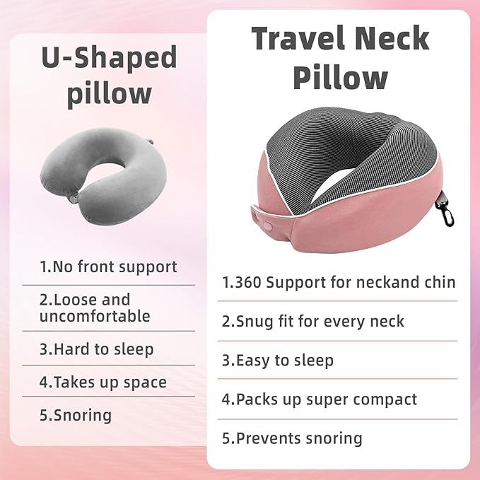 Memory Foam Travel Neck Pillow - with Portable Storage Case, 360° Ergonomic Support for Airplanes & Office, Compact & Portable (Pink)