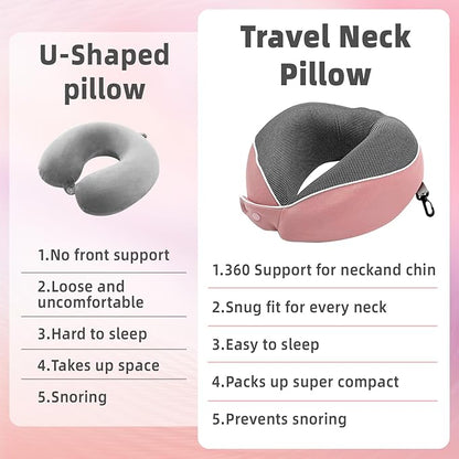 Memory Foam Travel Neck Pillow - with Portable Storage Case, 360° Ergonomic Support for Airplanes & Office, Compact & Portable (Pink)