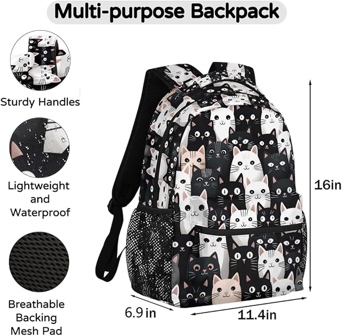 Black White Cat Backpack for Women Men Kids 16 Inch Laptop Backpack Lightweight Travel Backpack Purse Casual Daypack School Backpacks for Girls Boys