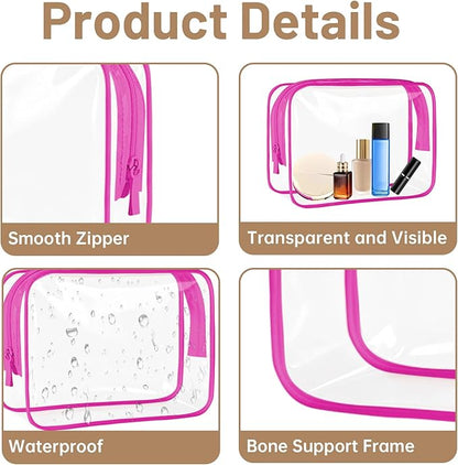 4 Pcs Clear Toiletry Bag, Portable Makeup Cosmetic Bags Pouch with Zipper, PVC Clear Travel Pouch for Women Men - Pink