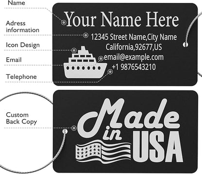 Luggage Tags for Suitcase - Personalized Engraved Metal Tag for Cruise Travel - Custom Name Tags Suitable for Bags and Backpacks Black