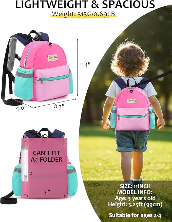 Toddler Backpack with Leash for Boys Girls Kids Kindergarten Nursery, 11” Baby Leash Backpack with Reflective, Toddler Bookbag with Anti-Lost Harness for Walking, Light Pink