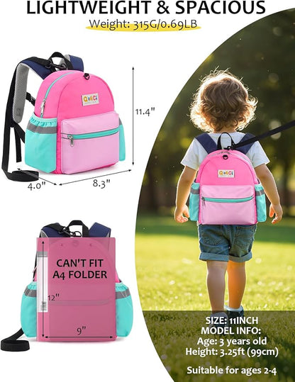 Toddler Backpack with Leash for Boys Girls Kids Kindergarten Nursery, 11” Baby Leash Backpack with Reflective, Toddler Bookbag with Anti-Lost Harness for Walking, Light Pink