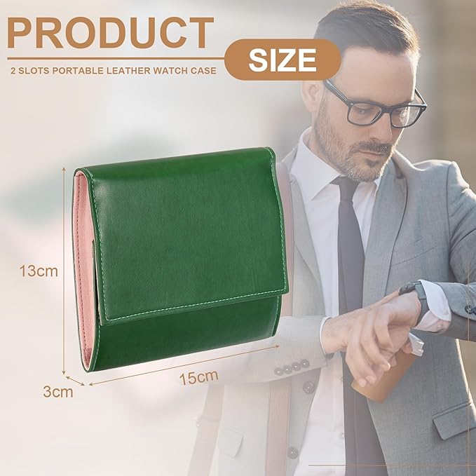 HARFINGTON Watch Roll Travel Case, 2 Slots Portable Leather Watch Cases for Men and Women, Watches Storage Organizer for Traveling Display Home Storage, Green