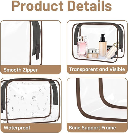 4 Pcs Clear Toiletry Bag, Portable Makeup Cosmetic Bags Pouch with Zipper, PVC Clear Travel Pouch for Women Men - Brown