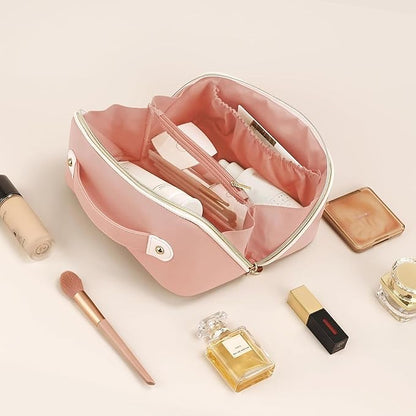 Prite Makeup Bag for Women Travel Waterproof Vegan Leather Cosmetic Bag Open Flat Toiletry Bag With Clear Divider and Handle (Pink)