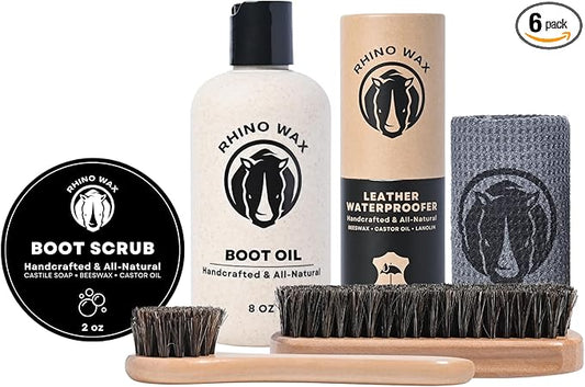 Leather Boot Care Kit - Made in USA (Not China) - Boot Oil, Waterproofer, Cleaning Scrub for Boots (Like Saddle Soap), Brushes and Cloth - Do NOT use Mink Oil (Love Animals) - All Natural Ingredients