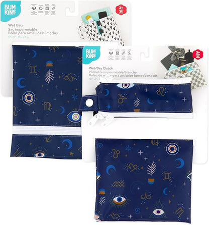 Bumkins - Waterproof Wet Bag & Wet/Dry Clutch Bags - For Beach, Baby, Travel, Swim Suit, Cloth Diapers, Pump Parts, Pool, Gym, Toiletries - Reusable & Easy to Clean - Evil Eye - 2 Pack