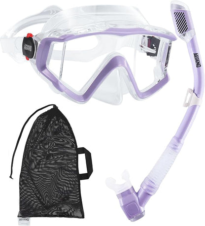 Aegend Snorkeling Gear for Adults Youth Kids, Dry Snorkel Set Panoramic View Enhanced Anti-Leak and Anti-Fog Technology, Adjustable Strap for Snorkeling Scuba Diving Swimming with Mesh Bag