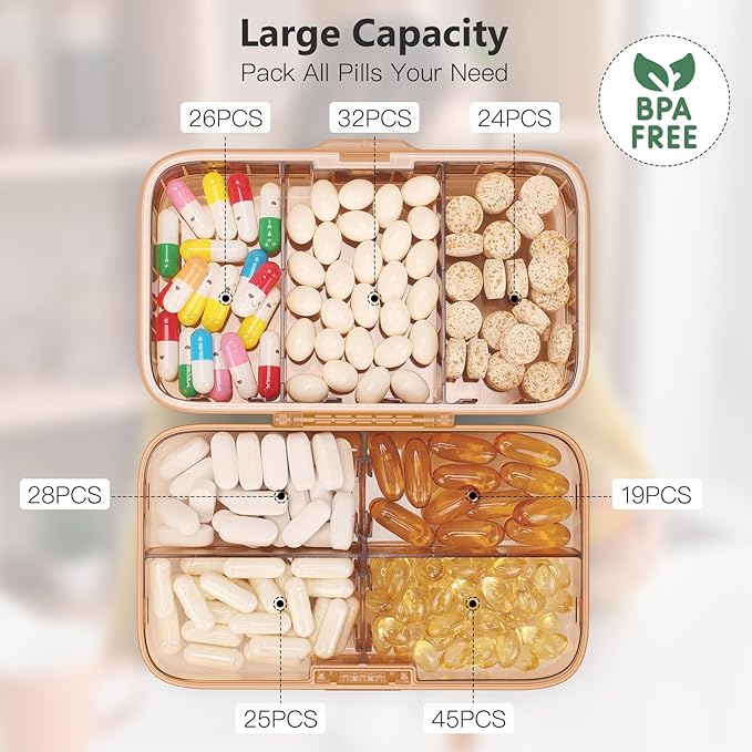 FYY Weekly Pill Organizer with Labels,8 Compartments Travel Daily Pill Case Airtight Moistureproof Large Pill Box to Hold Vitamins, Fish Oil, Supplements,Cotton Swab and Bandages-Brown