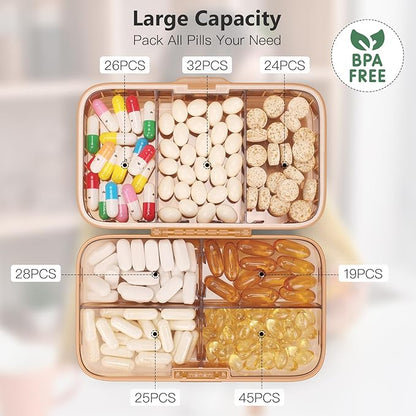 FYY Weekly Pill Organizer with Labels,8 Compartments Travel Daily Pill Case Airtight Moistureproof Large Pill Box to Hold Vitamins, Fish Oil, Supplements,Cotton Swab and Bandages-Brown