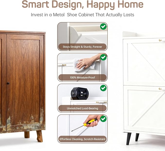 Shoe Storage Cabinet for Entryway with 2 Flip Drawers, Narrow Metal Shoe Cabinet with Anti-Tip, Holds 12-16 Pairs, Freestanding Shoes Cabinets Storage for Entryway, Foyer, Hallway (White)