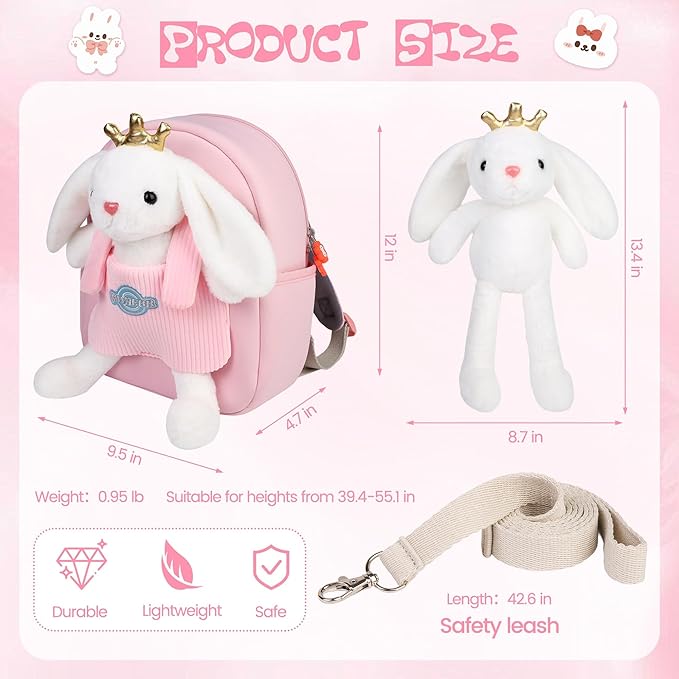 Large Rabbit Toddler Backpacks with Soft Bunny Dolls & Leash Preschool Backpack with Stuffed Animals for School Travel, 5 6 7 8 9 Year Old
