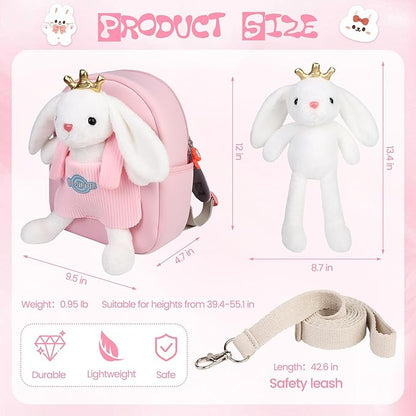 Large Rabbit Toddler Backpacks with Soft Bunny Dolls & Leash Preschool Backpack with Stuffed Animals for School Travel, 5 6 7 8 9 Year Old