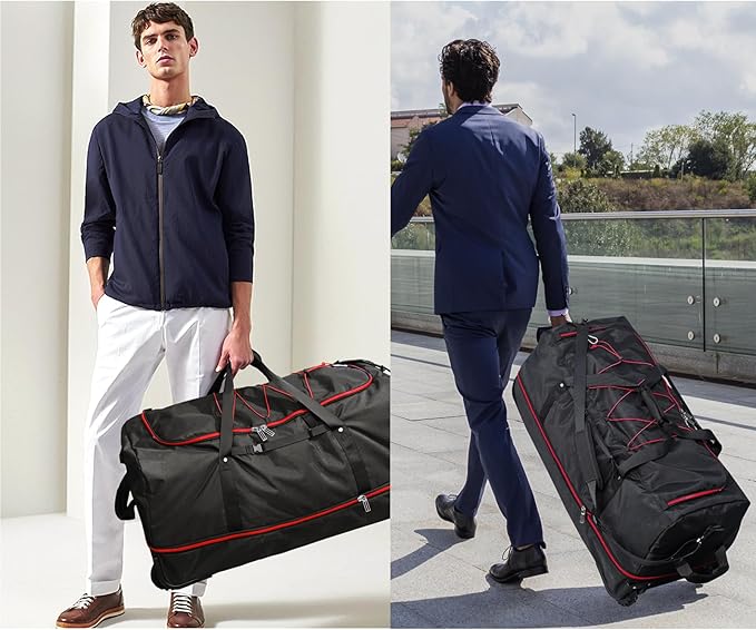 110L/140L Expandable Soft-Sided Foldable Duffle Bag with 2 Rubber Wheels,Packable 32” Rolling Carry-On with Multi-Pockets & Compartments,Black Red