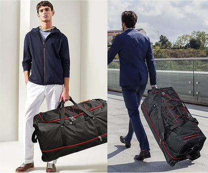 110L/140L Expandable Soft-Sided Foldable Duffle Bag with 2 Rubber Wheels,Packable 32” Rolling Carry-On with Multi-Pockets & Compartments,Black Red