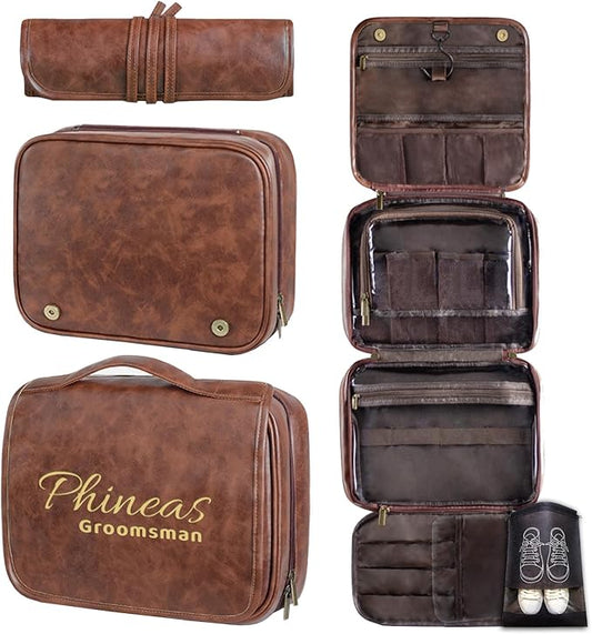 Custom 3-in-1 PU Leather Toiletry Bag for Men - Personalized Hanging Travel Organizer with Multiple Compartments for Father, Husband, Boyfriend - Business Trip Gift (Reddish brown)