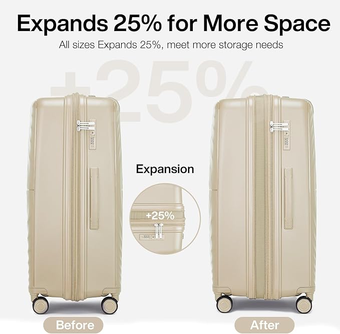 LARVENDER Carry On Luggage 22x14x9 Airline Approved, Expandable PP 20 inch Carry On Suitcases with Wheels, Lightweight Luggage Sets 3 Pieces for Women(CHAMPAGNE/20/BP/TB)