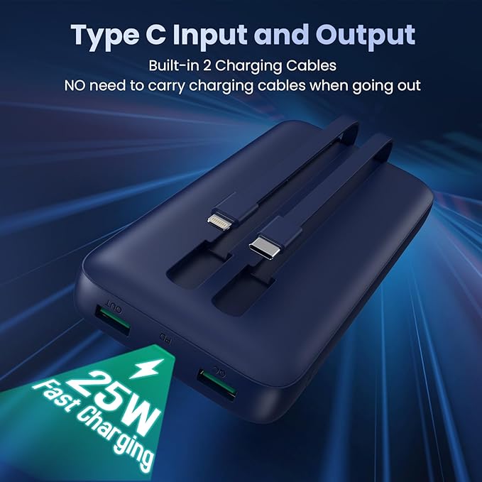Portable Charger 40,800mAh Power Bank,25W PD QC 4.0 Fast Charging Portable Phone Charger with Built-in Cables,LCD Display USB C Travel Essentials Battery Pack for iPhone 17/16/15/14,Android Samsung