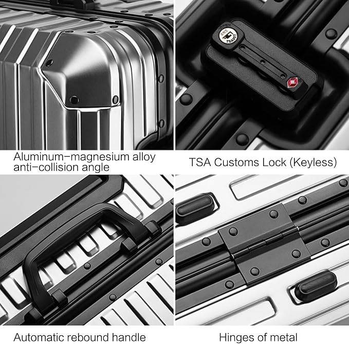 Oblique Angle Metal All Aluminum Magnesium Alloy Material Carry-on Luggage TSA Customs Lock Zipperless Silent Rotary Wheel Business Suitcase Set (dark grey, 24 '')