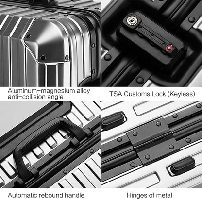 Oblique Angle Metal All Aluminum Magnesium Alloy Material Carry-on Luggage TSA Customs Lock Zipperless Silent Rotary Wheel Business Suitcase Set (dark grey, 24 '')