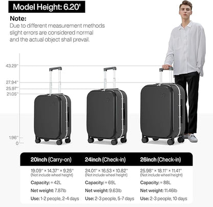 mixi 26 Inch Large Checked Luggage PC Hard Shell Suitcase Top Opening Aluminum Frame Travel Suitcases with Wheels, Black