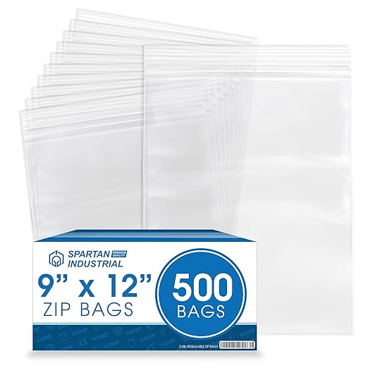Spartan Industrial - 9” X 12” (500 Count) 2 Mil Clear Reclosable Zip Plastic Poly Bags with Resealable Lock Seal Zipper
