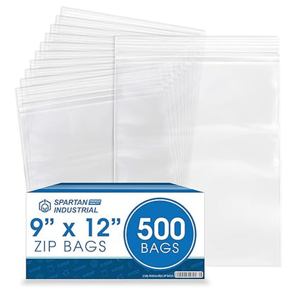 Spartan Industrial - 9” X 12” (500 Count) 2 Mil Clear Reclosable Zip Plastic Poly Bags with Resealable Lock Seal Zipper