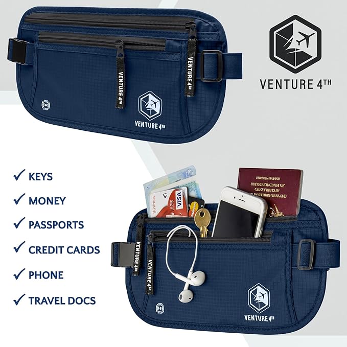 VENTURE 4TH Money Belt for Travel – Hidden Under-Clothes RFID Blocking Passport Holder & Slim Travel Wallet Pouch for Men & Women to Protect Cash, Cards & Documents (Navy Blue)