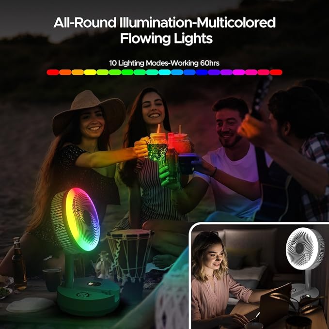 Creiv Pedestal Standing Fan, Rechargeable Oscillating with Remote/Timer, Portable RGB Lighting Fan, Floor Fan for Bedroom Party Camping (40000mAh)