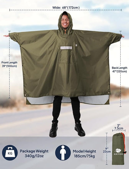 ANYOO Hooded Rain Poncho for Adults Waterproof Lightweight Rain Coat for Men Women Reusable Rain Jacket for Emergency Outdoor
