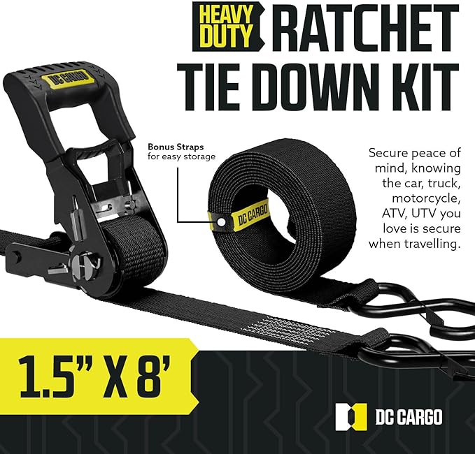 DC Cargo Mall Ratchet Straps Tie Downs 4 Pack (5,000 LB Break Strength) 1.5" x 8 Feet Tie Down Straps with Safety Lock S Hooks for Cargo, Trucks, Appliances, Moving