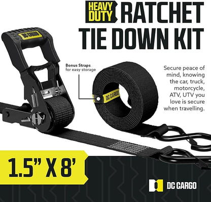 DC Cargo Mall Ratchet Straps Tie Downs 4 Pack (5,000 LB Break Strength) 1.5" x 8 Feet Tie Down Straps with Safety Lock S Hooks for Cargo, Trucks, Appliances, Moving