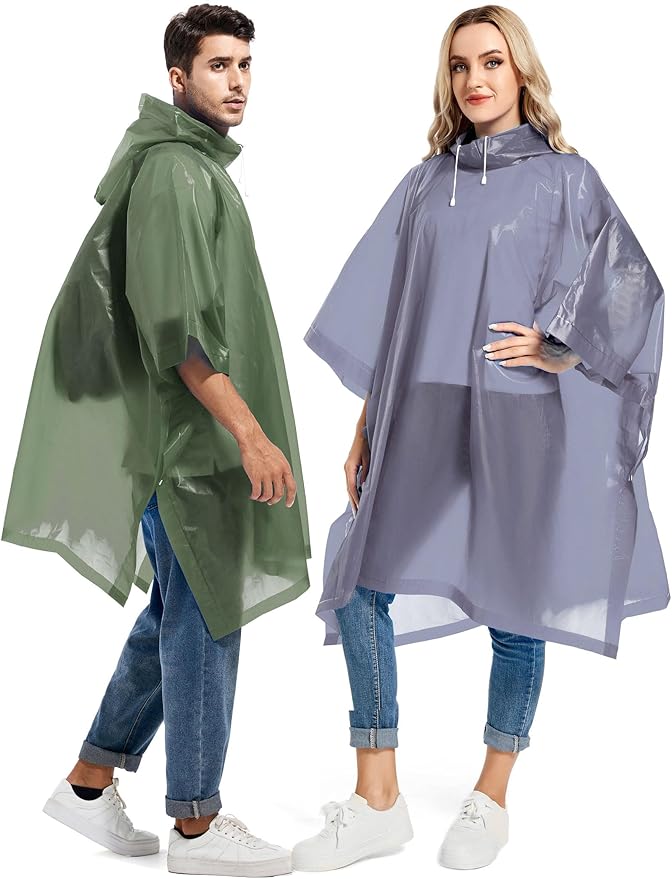 2 Pack Rain Ponchos for Adults Reusable - Raincoats Survival Emergency Heavy Duty Rain Coat with Drawstring Hood