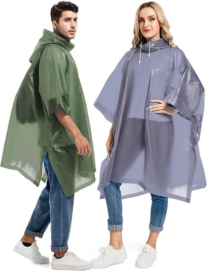 2 Pack Rain Ponchos for Adults Reusable - Raincoats Survival Emergency Heavy Duty Rain Coat with Drawstring Hood