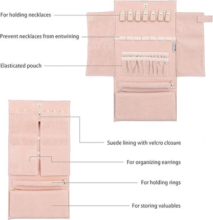 Becko US Jewelry Organizer Roll Travel Jewel Bag case for Multiple Necklaces, Rings, Bracelets, Supple Leather & Suede, Large Capacity Without Crease, Lightweight, Portable & Practical (Blue)