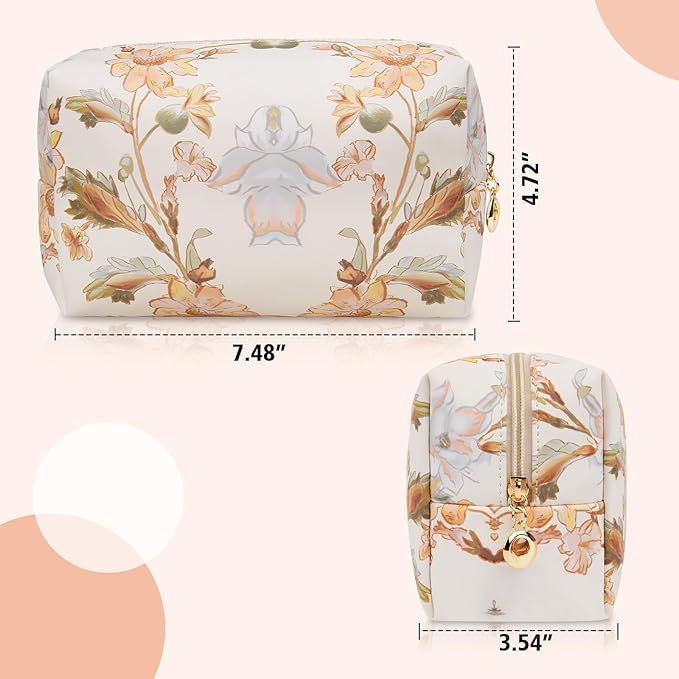 Floral Waterproof Makeup Bag, Leather Cosmetic Bag with Compartments, Zipper Make up Pouch Organizer, Portable Storage Travel Toiletry Bag Gifts for Women Girls(Apricot Flower)