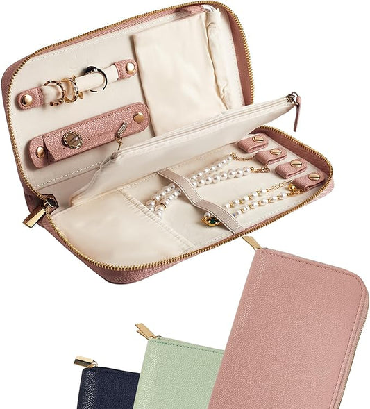 Travel Jewelry Organizer Case - for Tangle-Free Necklaces, Earrings, Rings, Bracelets Storage, Travel Essentials, Fashion Portable Jewelry Travel bags for Women - Medium Macaron Pink