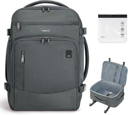 ECOHUB Travel Backpack for Men, 18x14x8 Spirit Airlines Personal Item Bag with Clear Toiletry Bag, Laptop Carry on Backpack with USB Port, Airline Approved Under Seat 14 Pockets 30L, Grey