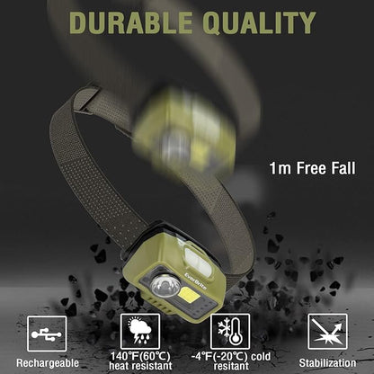 EverBrite Rechargeable Headlamp, LED Bright Motion Sensor Head Lamp Flashlight with 9 Modes, Adjustable Headlight for Adults with White Red Light, Water Resistant, Green, for Hiking, Running, Camping