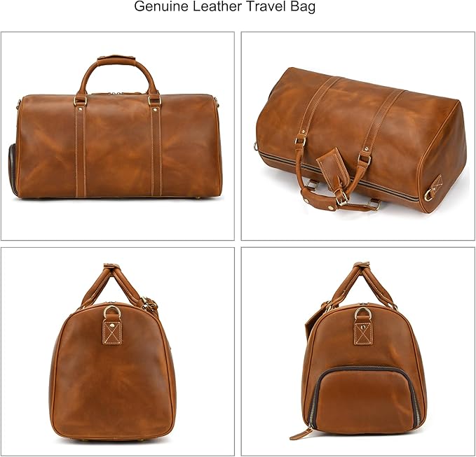 Full-grain Leather Travel Bag Large Capacity Duffel Luggage Bag with Shoe Compartment for Men Shoulder Handbag for Weekend Holiday Business Trip, Light Brown